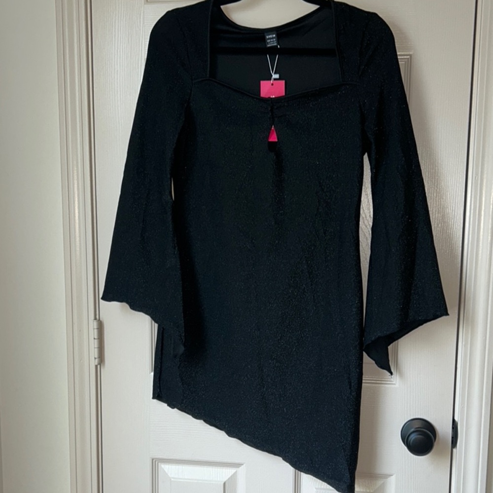 SHEIN Black Asymmetrical Bell Sleeve Cocktail Dress